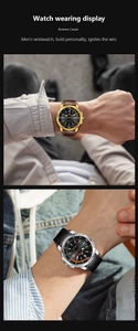 Close-up of leather strap business quartz watches with date display and luminous dials