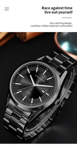Close-up of minimalist black stainless steel watch with date window and sunray dial