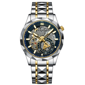 Men's skeleton dial business watch with silver and gold stainless steel strap