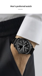 Close-up of men's business quartz watch with black stainless steel band and date window