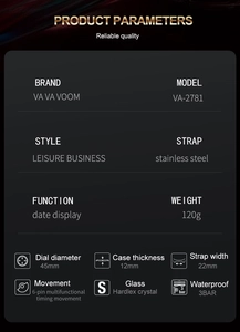 Detailed specs of VA-2781 multi-function business watch with stainless steel band