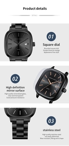 Détail d'une montre à quartz noire carrée avec verre minéral et bracelet en acier