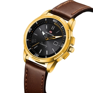 Business men's watch with golden case, brown leather strap, and calendar display