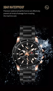 Close-up of VAVA VOOM black and rose gold waterproof chronograph watch with water splashes