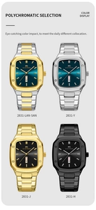 Macro view of rectangular quartz watches with industrial metal bands and dual date display