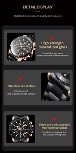 Detail view of multi-function chronograph with black stainless steel band and gold accents