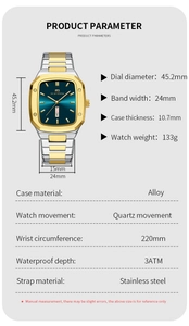 Detailed specs of the rectangular steel watch featuring blue dial and day-date display