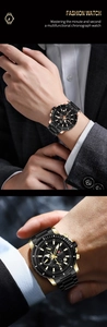 Detail view of multifunctional black chronograph watch with luminous hands and steel strap