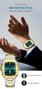 Detail of square watch dial with deep green gradient sunray pattern and dual calendar