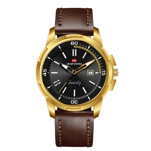 Men's business quartz watch with gold steel case, black dial and brown leather strap