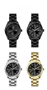 Detail view of quartz watches featuring stainless steel bands and date display window