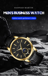 Detailaufnahme der Business-Quarzuhr mit Mondphasen-Zifferblatt und Lederarmband