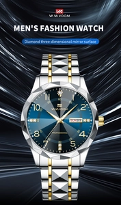 Detailed close-up of diamond-cut glass and blue dial on men's luxury steel watch