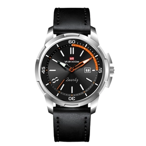 VA VA VOOM Men's Quartz Watch with Black Leather Strap and Luminous Date Display