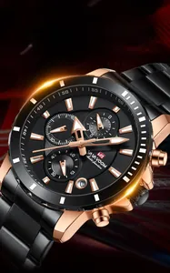 Close-up of multifunctional black and rose gold business watch with steel band