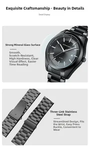 Detail view of all-black quartz watch with mineral glass and stainless steel band