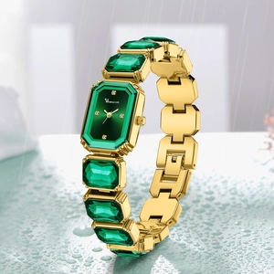 Lussuoso Orologio al Quarzo Donna Con Strass Cinturino in Lega Quadrante Rettangolare Verde Elegante Orologio a Bracciale Moda Donna