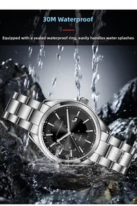 Close-up of waterproof quartz watch on rock with splashing water and 30M depth label