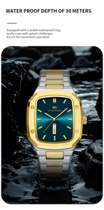Macro shot of rectangular men's watch on wet rocks showing its 30m water resistance