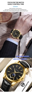 Detailansicht der goldfarbenen Business-Uhr mit schwarzem Lederarmband und Mondphasen-Zifferblatt