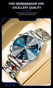 Macro view of blue dial with diamond-cut glass and gold indices on a luxury business watch