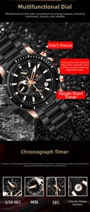 Detail view of business sports watch showing chronograph dials and date window on black dial