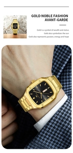 Detail of gold rectangular men's watch with black sunray dial and day-date display