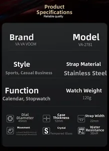 Detailed specifications of the VA VA VOOM stainless steel sports watch with chronograph data