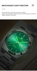 Détail du cadran vert à rayons de soleil avec aiguilles lumineuses et calendrier double