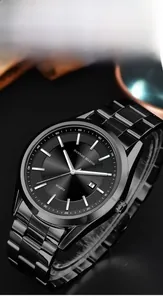 Close-up of black stainless steel quartz watch dial with date display and metal strap