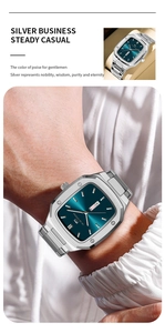 Detail of tonneau-shaped steel watch with green sunburst dial and double calendar