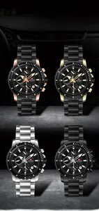 Men's chronograph watches in four colors with stainless steel straps and luminous dials