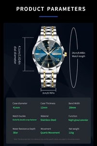 Detailed specification chart showing men's stainless steel watch features and dimensions