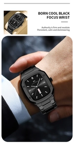 Detail of the rectangular black steel watch face featuring dual day and date display