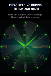 Macro shot of luminous men watch hands and green dial markers glowing in the dark