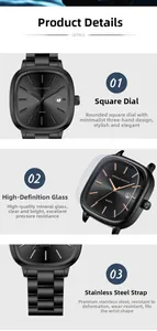 Vue détaillée de la montre à quartz carrée noire avec guichet de date et bracelet en acier