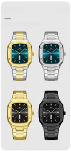 Detail view of rectangular men's watch colors showing dual calendar and steel strap