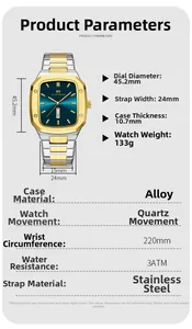 Technical specifications of business men's watch with square dial and steel strap details