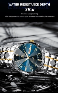 Close-up of waterproof men's watch with blue dial and water droplets for luxury detail