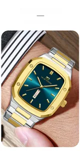 Close-up of luxury rectangular watch with golden octagonal bezel and blue sunray dial