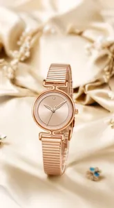Close-up of rose gold watch dial with a single diamond at 12 o'clock and mesh band