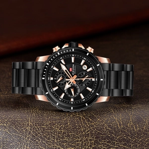 Men's multifunctional sports watch with black dial, rose gold accents, and steel band