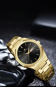 Close-up of gold stainless steel men's watch with black sunray dial and day-date display