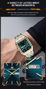 Détail du cadran bleu 3D avec double calendrier sur montre en acier doré pour homme