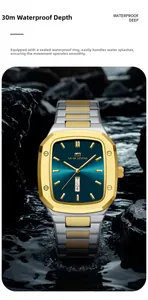 Macro shot of waterproof rectangle watch with blue dial on rocks and splashing water