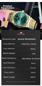 Détail macro de la montre dorée avec cadran vert, date et étanchéité jusqu'à 30m