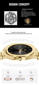 Detail view of the luxury gold octagonal watch case with brushed finish and black dial
