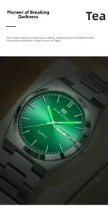 Gros plan sur les aiguilles lumineuses et le cadran vert d'une montre d'affaires