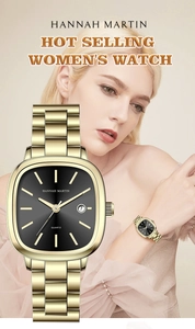 Detail showing square gold watch face with black dial and date window on model wrist