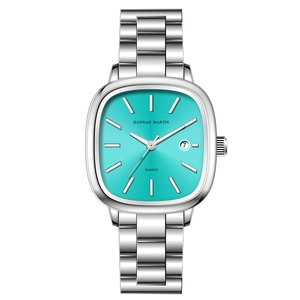 Montre à quartz en acier argenté avec cadran turquoise vif et guichet de date intégré